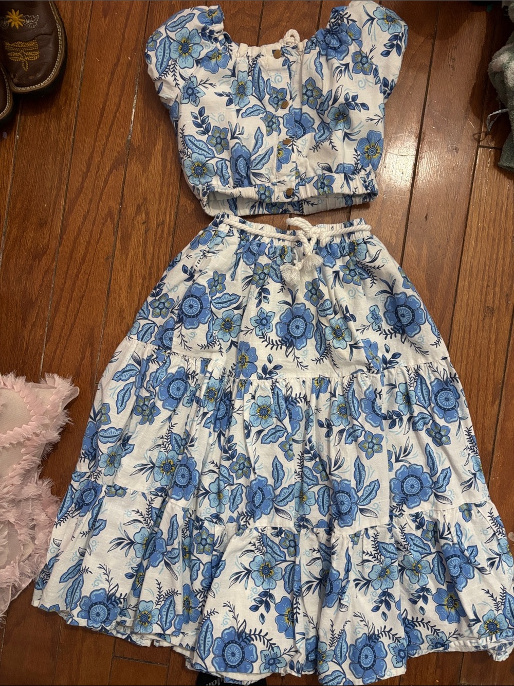 Haute Hippie Girls White Maxi Skirt with Blue Floral Print